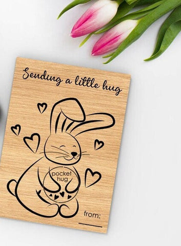 Wooden Little Pocket Hug Hugging Bunny card with token | Sending a little hug for Someone You Love for Family or Friends Affirmation token