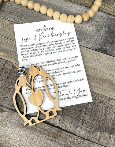 Wooden Love - Partnership Penguin Ornament, My Penguin Ornament, Partnership Gift, Car Charm, Love Bond Gift, Story Ornaments