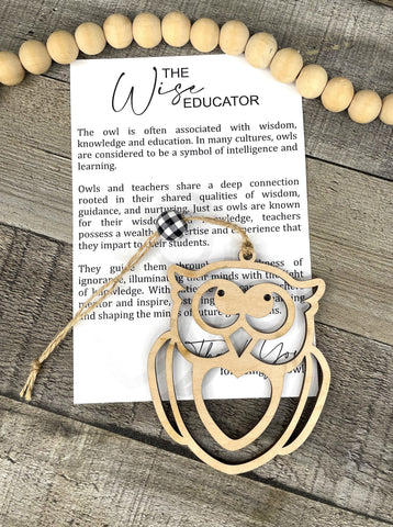 Wooden The Wise Educator Owl Ornament, Teacher Ornament, Educator Gift, Car Charm, Teacher-Student Bond Gift, Story Ornament