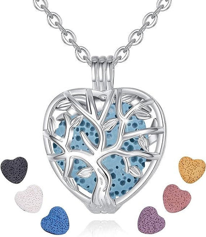Tree of Life Volcanic Stone Necklace Aromatherapy Essential Oil Lava Stone Diffuser Necklace Jewelry for Women Gift 14mm Cage 7 Stones