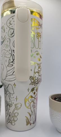 Magical mushrooms frogs - white on rainbow base 40oz Double Wall Insulated Tumbler with Handles Gift for mom, Granny, sister