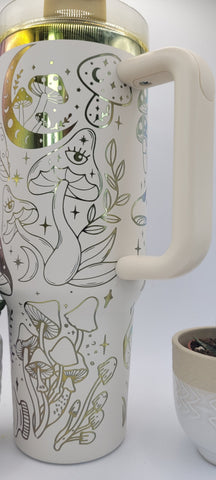 Magical mushrooms frogs - white on rainbow base 40oz Double Wall Insulated Tumbler with Handles Gift for mom, Granny, sister