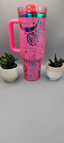 Boho, love, paisley Pink on rainbow base 40oz Double Wall Insulated Tumbler with Handles Gift for mom, Granny, sister
