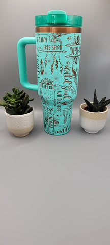 Wild one, dreamer, free soul, western. Teal on copper base 40oz Double Wall Insulated Tumbler with Handles Gift for mom, Granny, sister