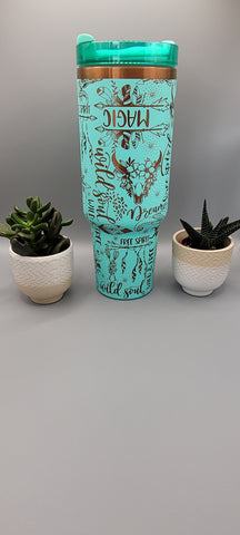 Wild one, dreamer, free soul, western. Teal on copper base 40oz Double Wall Insulated Tumbler with Handles Gift for mom, Granny, sister