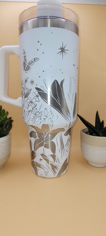 Iris Flowers 40oz Double Wall Insulated Tumbler with Handles Gift for mom, Granny, sister, Niece, Teacher Gift, Mom Gift Flowers
