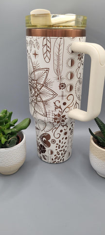 Boho, paisley, evil eye creame and copper 40oz Double Wall Insulated Tumbler with Handles Gift for mom, Granny, sister, Niece