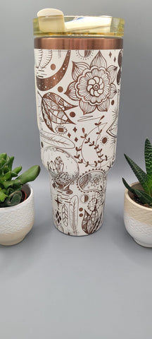Boho, paisley, evil eye creame and copper 40oz Double Wall Insulated Tumbler with Handles Gift for mom, Granny, sister, Niece