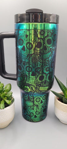 Sugar skulls Halloween black and green blue blue 40oz Double Wall Insulated Tumbler with Handles Gift for mom, sister