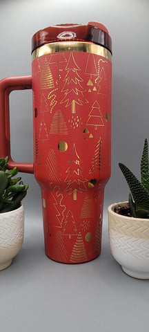 Christmas Trees, Xmas, happy holidays, red with gold 40oz Double Wall Insulated Tumbler with Handles Gift for mom, sister