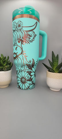 Cute Highland Cow ,Cow gift, Floral gift 40oz Double Wall Insulated Tumbler with Handles Gift for mom, Granny, sister