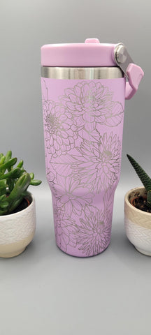 Dahlias, flowers, floral tumbler, Laser Engraved 30oz Double Wall Insulated Tumbler