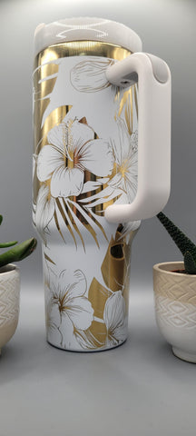 White & Gold Hibiscus 40oz Insulated Tumbler with Handle Floral Double Wall Stainless Steel Cup, Gift for Mom or Sister