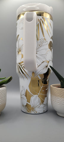 White & Gold Hibiscus 40oz Insulated Tumbler with Handle Floral Double Wall Stainless Steel Cup, Gift for Mom or Sister