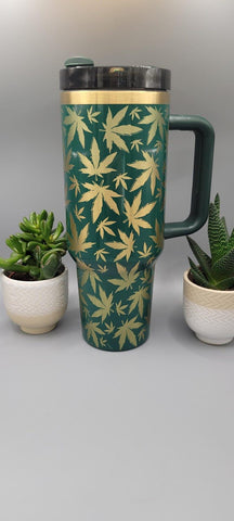 Weed, cannabis Green and Gold 40oz Double Wall Insulated Tumbler with Handles Gift for mom, sister