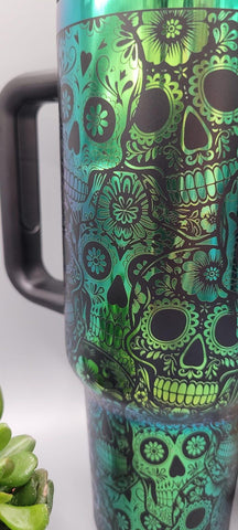 Sugar skulls Halloween black and green blue blue 40oz Double Wall Insulated Tumbler with Handles Gift for mom, sister