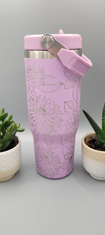 Dahlias, flowers, floral tumbler, Laser Engraved 30oz Double Wall Insulated Tumbler