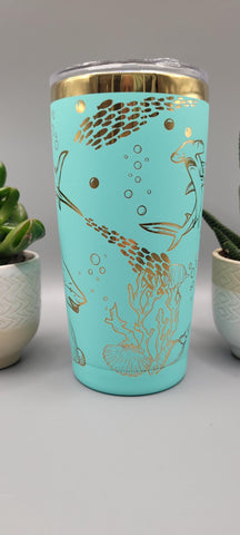 Sharks teal and gold Travel mug, Laser Engraved 20oz Double Wall Insulated Tumbler Travel mug, Seamless Tumbler