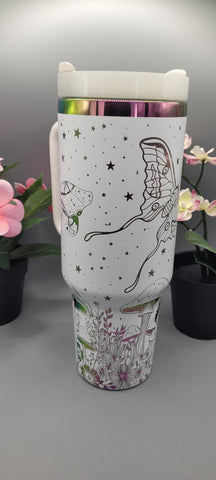 Moths, Moonlight, Mushrooms, Boho groovy 40oz Double Wall Insulated Tumbler with Handles Gift for mom, Granny, sister, Niece
