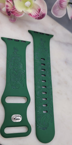 Engraved Paisley Flowers Gift Design for Apple Watch Silicone Sports Band/Strap 38mm/40mm/41mm/42mm/44mm/45mm/46mm/49mm Garden Boho