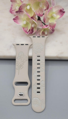 Engraved Protea Flowers Gift Design for Apple Watch Silicone Sports Band/Strap 38mm/40mm/41mm/42mm/44mm/45mm/46mm/49mm Garden Boho