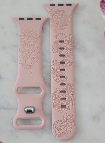 Engraved Protea Flowers Gift Design for Apple Watch Silicone Sports Band/Strap 38mm/40mm/41mm/42mm/44mm/45mm/46mm/49mm Garden Boho