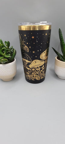 Moonlight Moths and mushrooms black and gold Laser Engraved 20oz Double Wall Insulated Tumbler Travel mug,Seamless Tumbler ,Gift