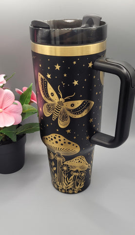 Moths, Moonlight, Mushrooms, Boho groovy 40oz Double Wall Insulated Tumbler with Handles Gift for mom, Granny, sister, Niece