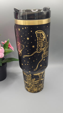 Moths, Moonlight, Mushrooms, Boho groovy 40oz Double Wall Insulated Tumbler with Handles Gift for mom, Granny, sister, Niece