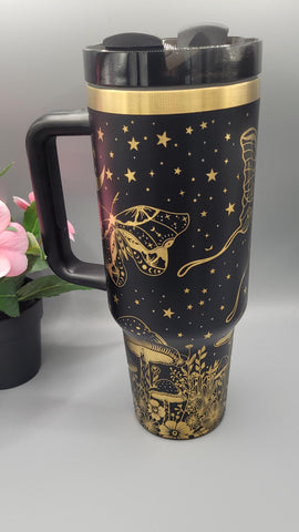 Moths, Moonlight, Mushrooms, Boho groovy 40oz Double Wall Insulated Tumbler with Handles Gift for mom, Granny, sister, Niece