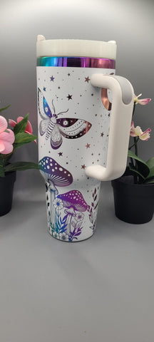 Moths, Moonlight, Mushrooms, Boho groovy 40oz Double Wall Insulated Tumbler with Handles Gift for mom, Granny, sister, Niece