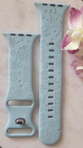 Engraved Old School Tattoo Gift Design for Apple Watch Silicone Sports Band/Strap 38mm/40mm/41mm/42mm/44mm/45mm/46mm/49mm