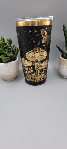 Moonlight Moths and mushrooms black and gold Laser Engraved 20oz Double Wall Insulated Tumbler Travel mug,Seamless Tumbler ,Gift