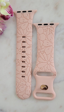 Engraved Flowers, Garden, Hibiscus Gift Design for Apple Watch Silicone Sports Band/Strap 38mm/40mm/41mm/42mm/44mm/45mm/46mm/49mm