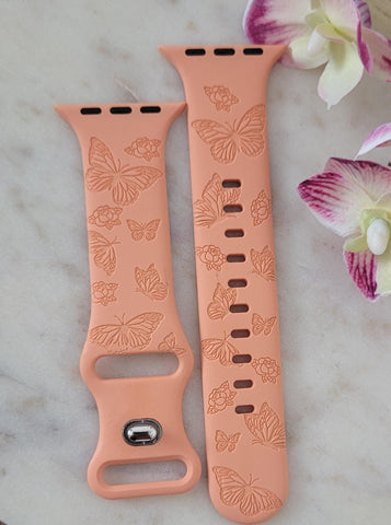 Engraved Butterflies and Rose's, Butterfly Gift for Apple Watch Silicone Sports Band/Strap 38mm/40mm/41mm/42mm/44mm/45mm/46mm/49mm