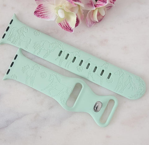 Engraved Horses, Foals and flowers Gift Design for Apple Watch Silicone Sports Band/Strap 38mm/40mm/41mm/42mm/44mm/45mm/46mm/49mm