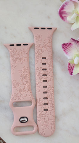 Engraved Cherry Blossoms, flowers Gift Design for Apple Watch Silicone Sports Band/Strap 38mm/40mm/41mm/42mm/44mm/45mm/46mm/49mm