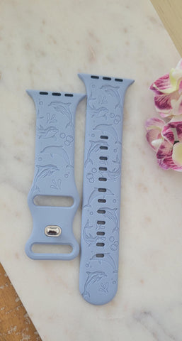 Engraved Dolphins, Ocean, Sea Gift Design for Apple Watch Silicone Sports Band/Strap 38mm/40mm/41mm/42mm/44mm/45mm/46mm/49mm