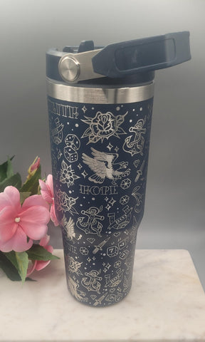 Old School Tattoo, boho, tattoos tumbler, Laser Engraved 30oz Double Wall Insulated Tumbler