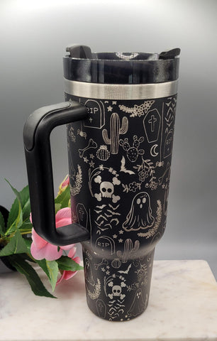 Halloween Ghost Floral 40oz Tumbler with Handle Double Wall Insulated, Halloween tumbler, ghost tumbler, floral ghost mug