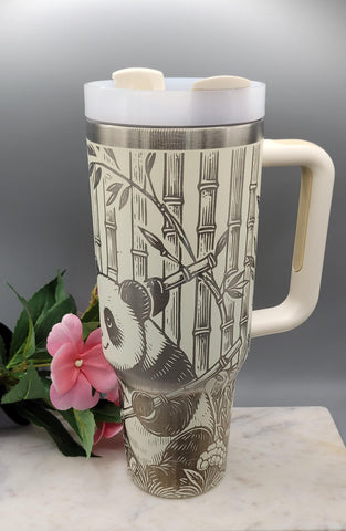 Panda and flowers 40oz Double Wall Insulated Tumbler with Handles Gift for mom, Granny, sister, Niece