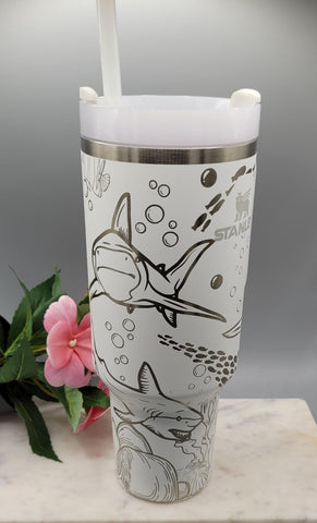 Original Stanley Sharks tumbler, ocean theme gift Engraved tumbler 40oz Double Wall Insulated Tumbler with Handles