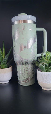 Original Stanley costal teal motion tumbler with northern lights design