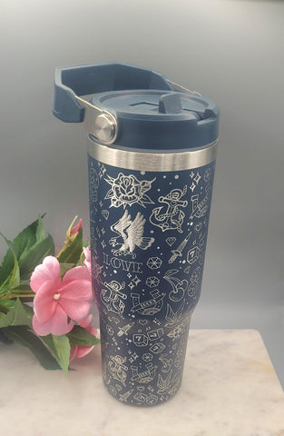 Old School Tattoo, boho, tattoos tumbler, Laser Engraved 30oz Double Wall Insulated Tumbler