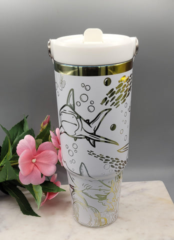 Sharks tumbler, under the ocean, sea theme, Boho, white and rainbow Laser Engraved 30oz Double Wall Insulated Tumbler Seamless Tumbler