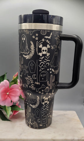 Halloween Ghost Floral 40oz Tumbler with Handle Double Wall Insulated, Halloween tumbler, ghost tumbler, floral ghost mug