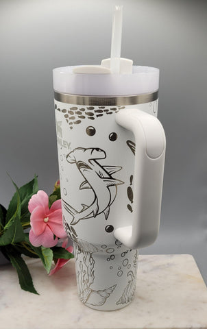 Original Stanley Sharks tumbler, ocean theme gift Engraved tumbler 40oz Double Wall Insulated Tumbler with Handles