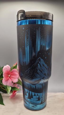 Northern lights tumbler, wilderness tumbler - Black on rainbow base 40oz Double Wall Insulated Tumbler with Handles Mountains