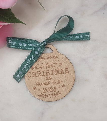 Parents to Be Homemade Wooden Christmas Bauble Personalized Ornament, Rustic Holiday Tree Decoration, Custom Engraved Gift, Eco Friendly