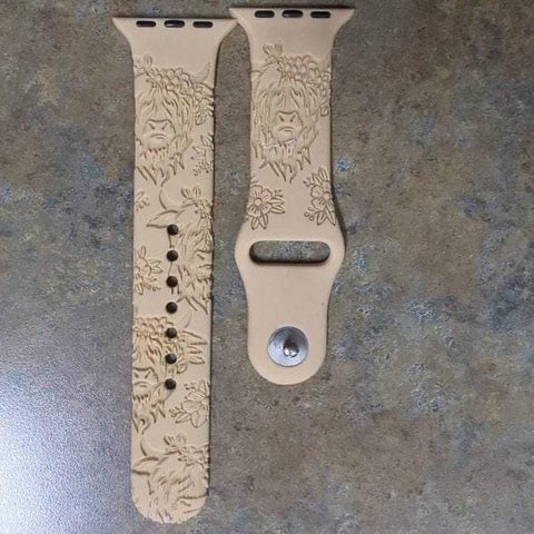 Engraved Floral Highland cow Gift Design for Apple Watch Silicone Sports Band/Strap 38mm/40mm/41mm/42mm/44mm/45mm/46mm/49mm